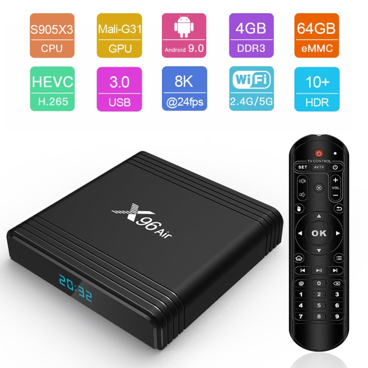 X96 Air 8K スマートTVボックス Android 9.0 メディアプレーヤー リモコン付き、クアッドコア Amlogic S905X3、RAM: 4GB、ROM: 32GB、デュアルバンドWiFi、Bluetooth、AUプラグ、4GB+32GB
