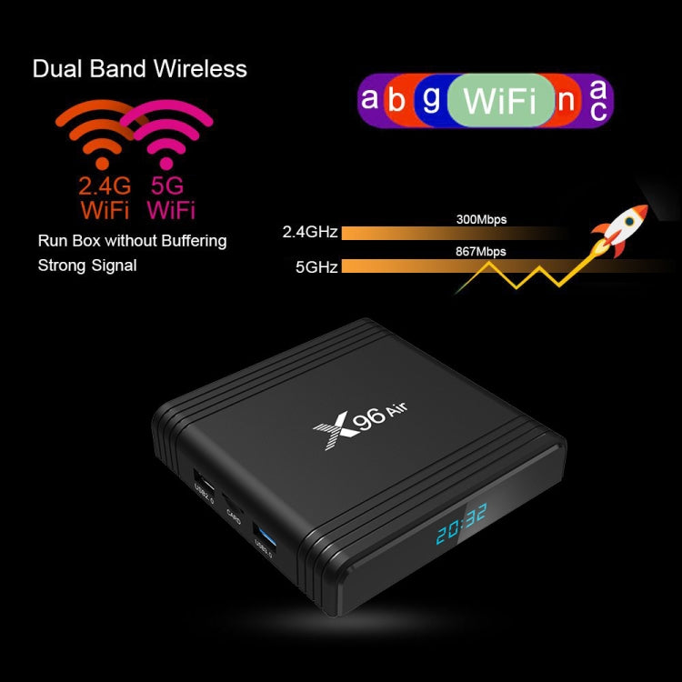 X96 Air 8K スマートTVボックス Android 9.0 メディアプレーヤー リモコン付き、クアッドコア Amlogic S905X3、RAM: 4GB、ROM: 32GB、デュアルバンドWiFi、Bluetooth、AUプラグ、4GB+32GB