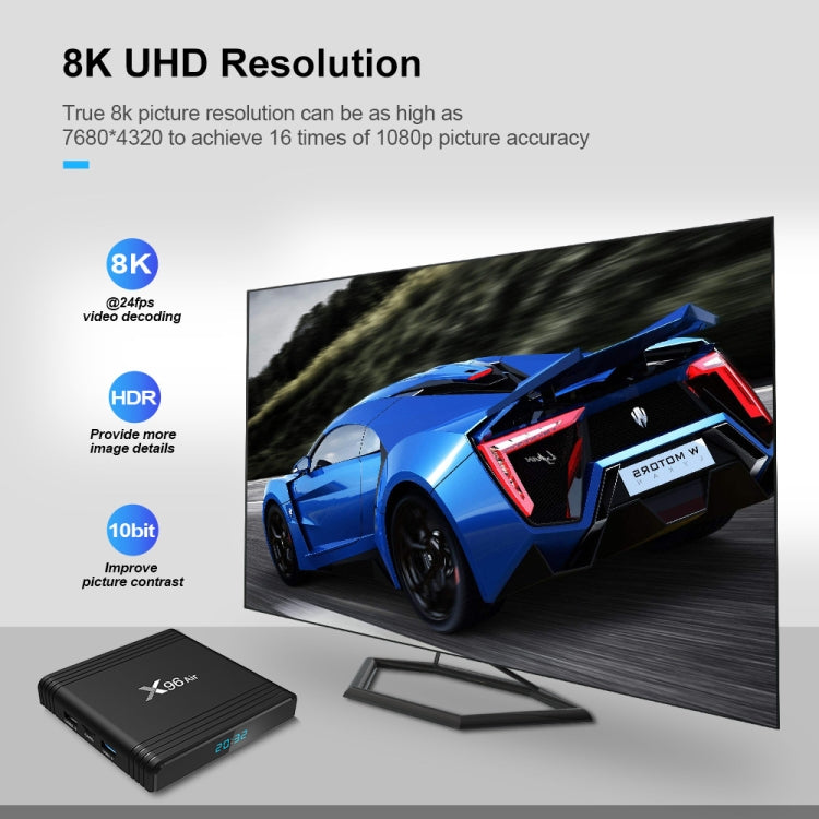 X96 Air 8K スマートTVボックス Android 9.0 メディアプレーヤー リモコン付き、クアッドコア Amlogic S905X3、RAM: 4GB、ROM: 64GB、デュアルバンドWiFi、Bluetooth、AUプラグ、4GB+64GB