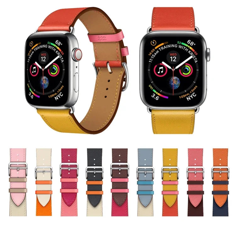 ツーカラーシングルループレザーリストストラップ Apple Watch Series 3 & 2 & 1用、38mm オレンジ+ブライトブルー、42mm オレンジ+ブライトブルー、38mm ピンク+ワインレッド、42mm ピンク+ワインレッド、38mm アンバー+オレンジレッド+ライトローズレッド、42mm アンバー+オレンジレッド+ライトローズレッド