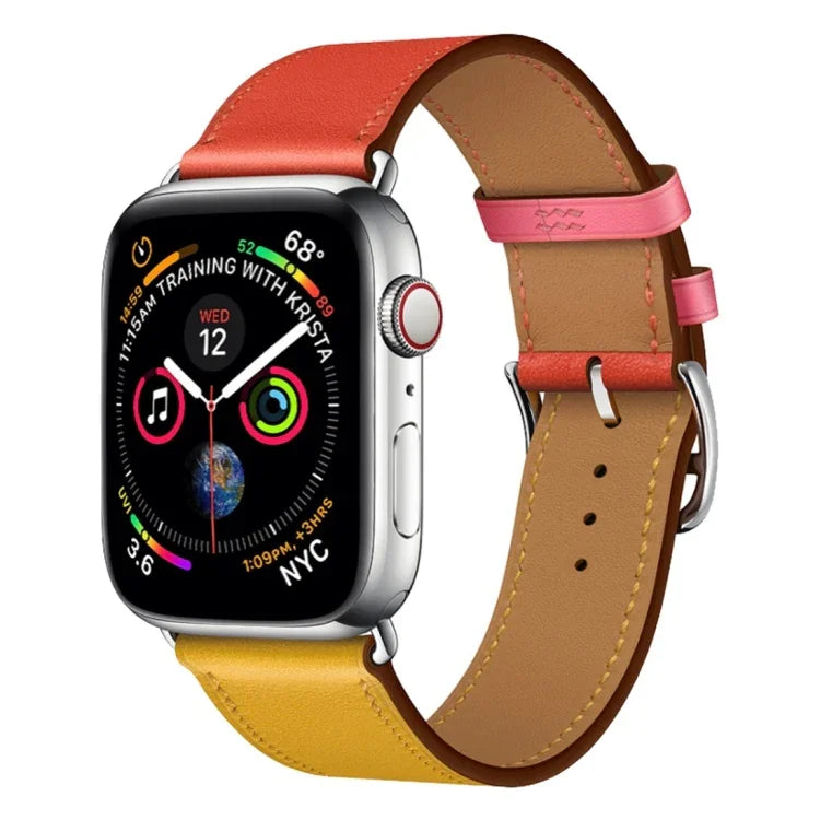 ツーカラーシングルループレザーリストストラップ Apple Watch Series 3 & 2 & 1用、38mm オレンジ+ブライトブルー、42mm オレンジ+ブライトブルー、38mm ピンク+ワインレッド、42mm ピンク+ワインレッド、38mm アンバー+オレンジレッド+ライトローズレッド、42mm アンバー+オレンジレッド+ライトローズレッド