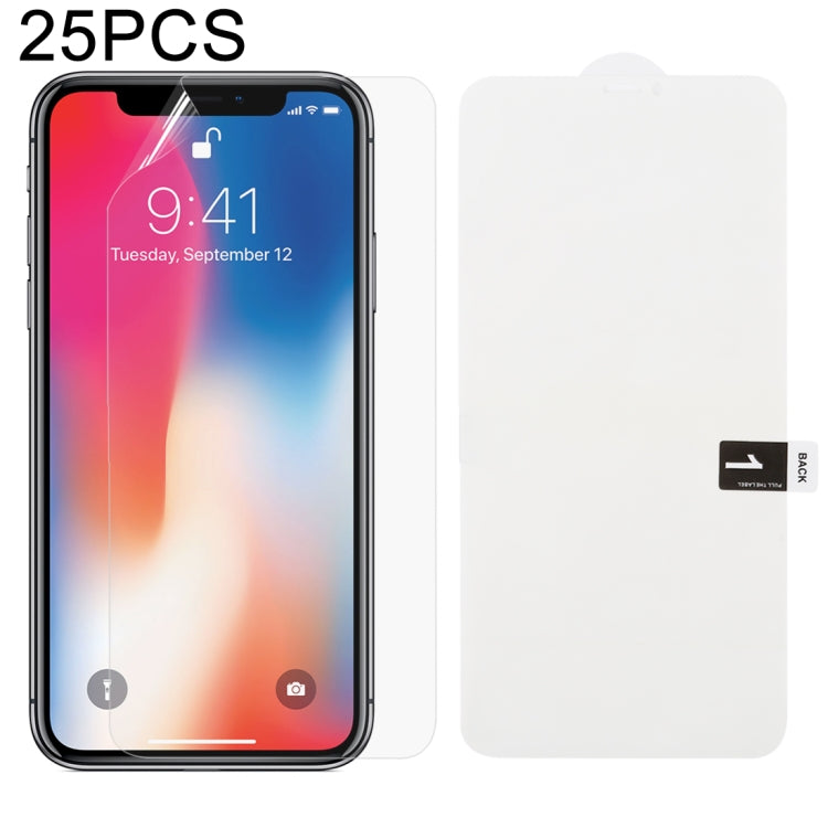 25枚セット ソフトハイドロゲルフィルム フルカバー フロントプロテクター アルコール綿＋スクラッチカード付き、iPhone 6 / 7 / 8用(25枚)、iPhone 6 Plus用(25枚)、iPhone 7 Plus / 8 Plus用(25枚)、iPhone X / XS用(25枚)、iPhone XR用(25枚)、iPhone XS Max用