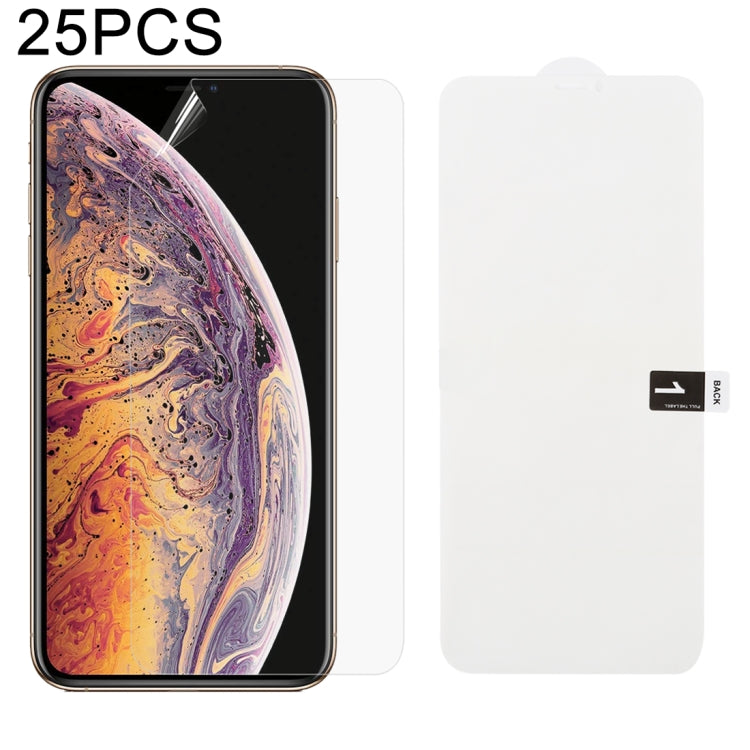 25枚セット ソフトハイドロゲルフィルム フルカバー フロントプロテクター アルコール綿＋スクラッチカード付き、iPhone 6 / 7 / 8用(25枚)、iPhone 6 Plus用(25枚)、iPhone 7 Plus / 8 Plus用(25枚)、iPhone X / XS用(25枚)、iPhone XR用(25枚)、iPhone XS Max用