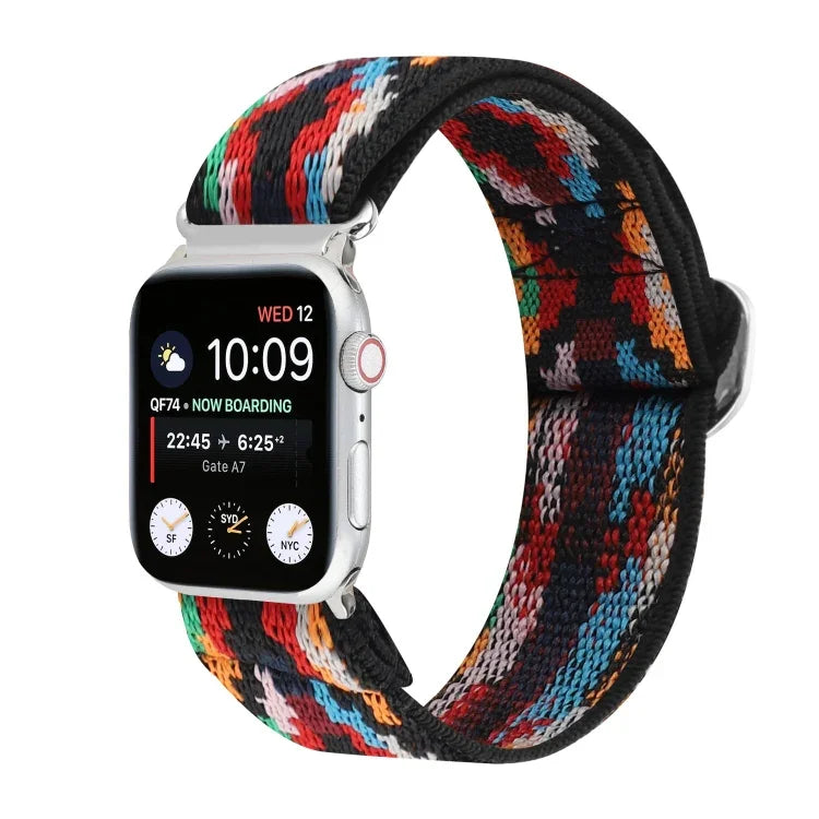 メタル日本製バックル伸縮ナイロン交換用ウォッチバンド、Apple Watch シリーズ7 45mm / 6 & SE & 5 & 4 44mm / 3 & 2 & 1 42mm用、Apple Watch シリーズ8&7 41mm / SE 2&6&SE&5&4 40mm / 3&2&1 38mm用
