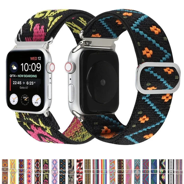 メタル日本製バックル伸縮ナイロン交換用ウォッチバンド、Apple Watch シリーズ7 45mm / 6 & SE & 5 & 4 44mm / 3 & 2 & 1 42mm用、Apple Watch シリーズ8&7 41mm / SE 2&6&SE&5&4 40mm / 3&2&1 38mm用