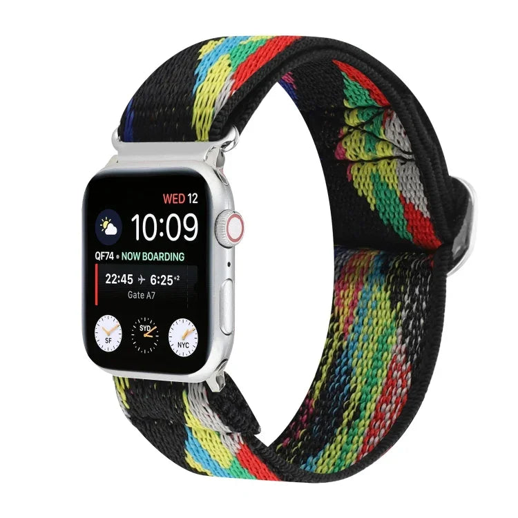 メタル日本製バックル伸縮ナイロン交換用ウォッチバンド、Apple Watch シリーズ7 45mm / 6 & SE & 5 & 4 44mm / 3 & 2 & 1 42mm用、Apple Watch シリーズ8&7 41mm / SE 2&6&SE&5&4 40mm / 3&2&1 38mm用
