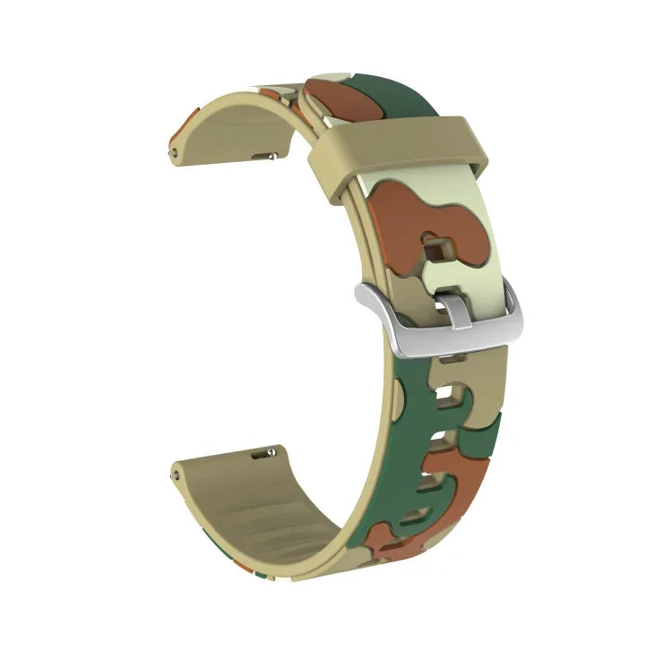 カモフラージュ シリコン交換用リストストラップ シルバーバックル付き, 20mm Samsung Galaxy Watch 3 41mm 用, 22mm Samsung Galaxy Watch 3 45mm 用, 20mm Samsung Galaxy Watch Active2 44mm 用, 20mm Huawei Watch GT 2 42mm 用