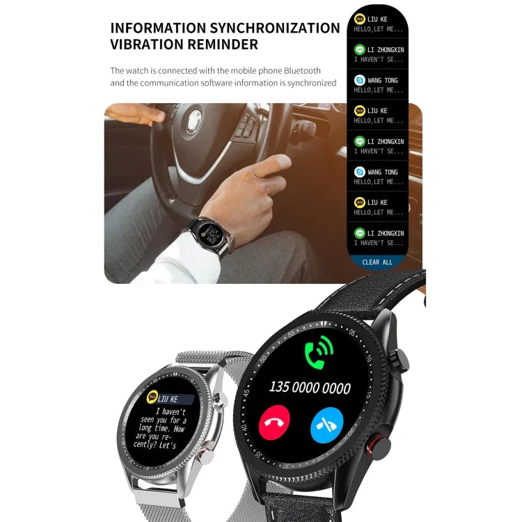 M98 1.28インチIPSカラースクリーン IP67防水スマートウォッチ、睡眠モニター／心拍数モニター／Bluetooth通話対応、スタイル：レザーストラップ、レザーストラップ（シルバー）、レザーストラップ（ブラック）