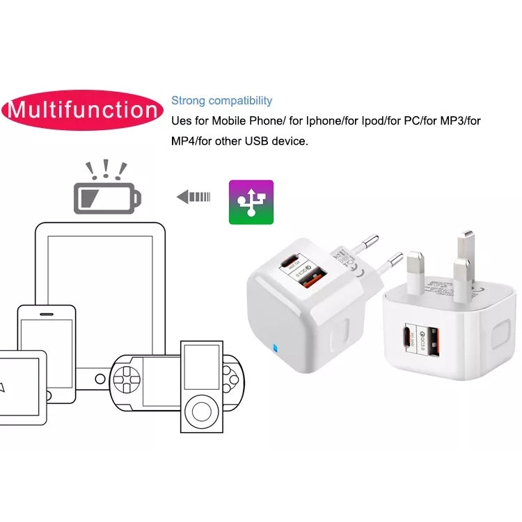 20W PD + QC 3.0 デュアルポート トラベルチャージャー 電源アダプター、USプラグ、EUプラグ、UKプラグ
