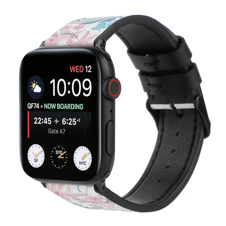 Apple Watch Series 7 45mm / 6 & SE & 5 & 4 44mm / 3 & 2 & 1 42mm、Apple Watch Series 8&7 41mm / SE 2&6&SE&5&4 40mm / 3&2&1 38mm、Apple Watch PSeries 7 41mm / 6 & SE & 5 & 4 40mm / 3 & 2 & 1 38mm用 プリントレザーストラップ