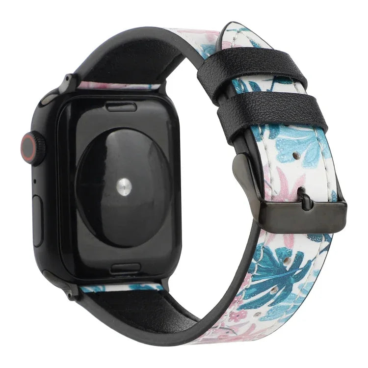 Apple Watch Series 7 45mm / 6 & SE & 5 & 4 44mm / 3 & 2 & 1 42mm、Apple Watch Series 8&7 41mm / SE 2&6&SE&5&4 40mm / 3&2&1 38mm、Apple Watch PSeries 7 41mm / 6 & SE & 5 & 4 40mm / 3 & 2 & 1 38mm用 プリントレザーストラップ