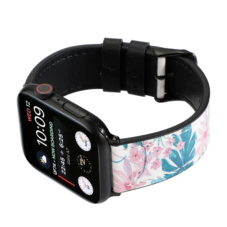 Apple Watch Series 7 45mm / 6 & SE & 5 & 4 44mm / 3 & 2 & 1 42mm、Apple Watch Series 8&7 41mm / SE 2&6&SE&5&4 40mm / 3&2&1 38mm、Apple Watch PSeries 7 41mm / 6 & SE & 5 & 4 40mm / 3 & 2 & 1 38mm用 プリントレザーストラップ