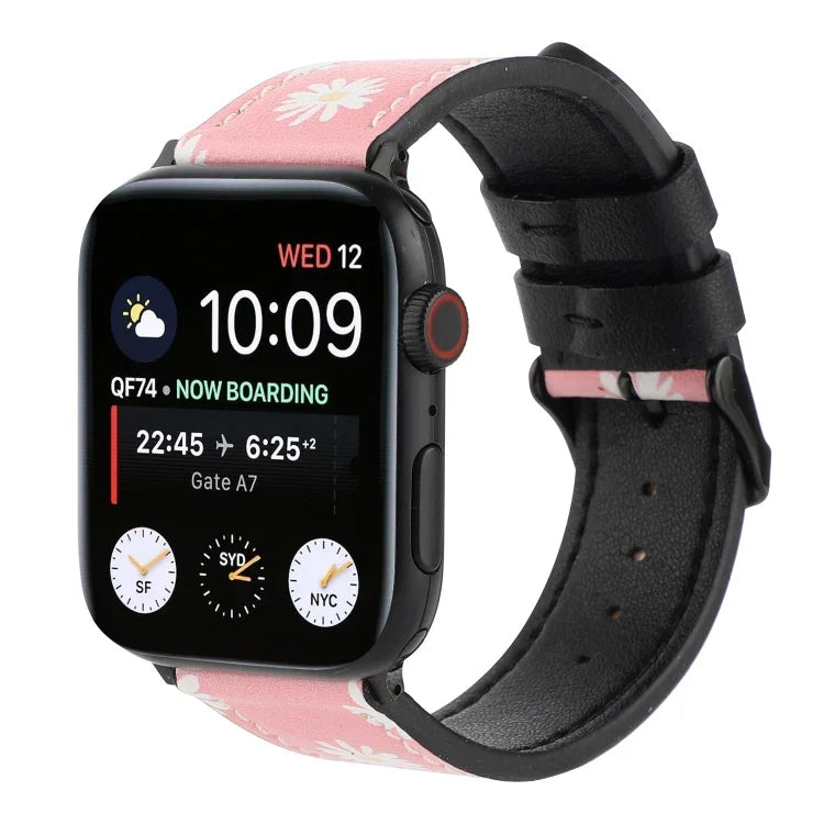 Apple Watch Series 7 45mm / 6 & SE & 5 & 4 44mm / 3 & 2 & 1 42mm、Apple Watch Series 8&7 41mm / SE 2&6&SE&5&4 40mm / 3&2&1 38mm、Apple Watch PSeries 7 41mm / 6 & SE & 5 & 4 40mm / 3 & 2 & 1 38mm用 プリントレザーストラップ