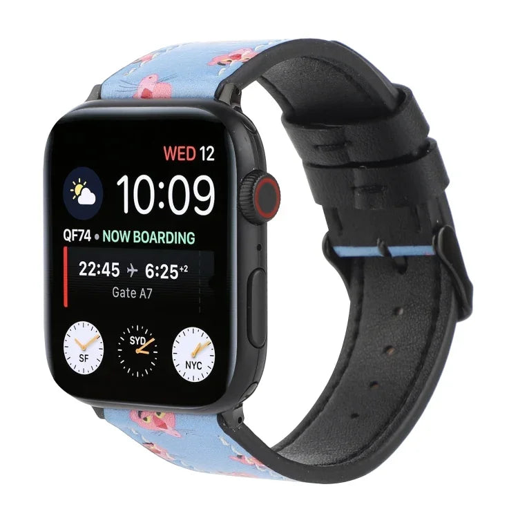 Apple Watch Series 7 45mm / 6 & SE & 5 & 4 44mm / 3 & 2 & 1 42mm、Apple Watch Series 8&7 41mm / SE 2&6&SE&5&4 40mm / 3&2&1 38mm、Apple Watch PSeries 7 41mm / 6 & SE & 5 & 4 40mm / 3 & 2 & 1 38mm用 プリントレザーストラップ