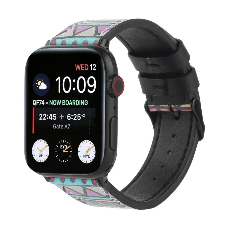 Apple Watch Series 7 45mm / 6 & SE & 5 & 4 44mm / 3 & 2 & 1 42mm、Apple Watch Series 8&7 41mm / SE 2&6&SE&5&4 40mm / 3&2&1 38mm、Apple Watch PSeries 7 41mm / 6 & SE & 5 & 4 40mm / 3 & 2 & 1 38mm用 プリントレザーストラップ