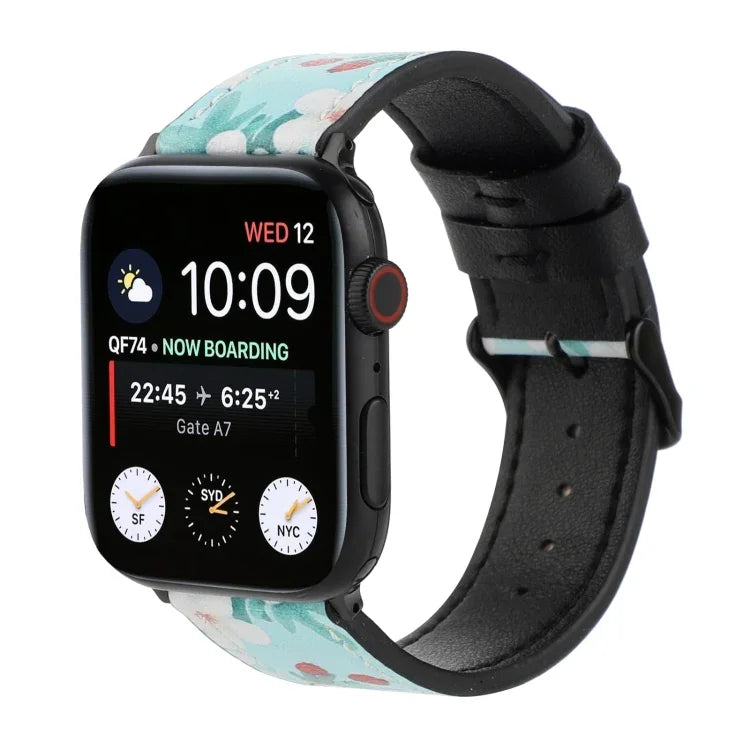 Apple Watch Series 7 45mm / 6 & SE & 5 & 4 44mm / 3 & 2 & 1 42mm、Apple Watch Series 8&7 41mm / SE 2&6&SE&5&4 40mm / 3&2&1 38mm、Apple Watch PSeries 7 41mm / 6 & SE & 5 & 4 40mm / 3 & 2 & 1 38mm用 プリントレザーストラップ