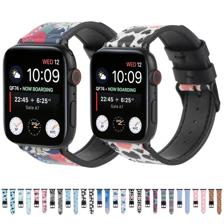 Apple Watch Series 7 45mm / 6 & SE & 5 & 4 44mm / 3 & 2 & 1 42mm、Apple Watch Series 8&7 41mm / SE 2&6&SE&5&4 40mm / 3&2&1 38mm、Apple Watch PSeries 7 41mm / 6 & SE & 5 & 4 40mm / 3 & 2 & 1 38mm用 プリントレザーストラップ