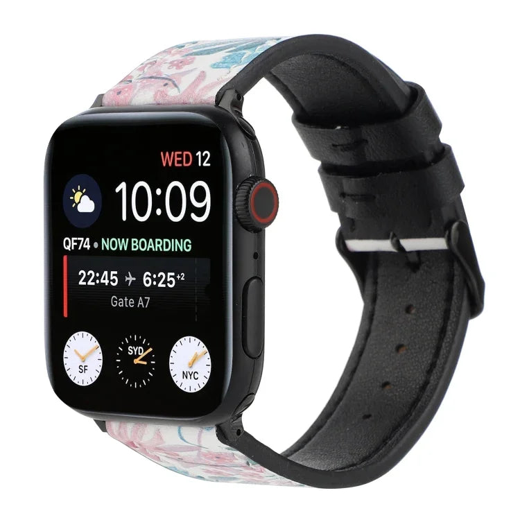 Apple Watch Series 7 45mm / 6 & SE & 5 & 4 44mm / 3 & 2 & 1 42mm、Apple Watch Series 8&7 41mm / SE 2&6&SE&5&4 40mm / 3&2&1 38mm、Apple Watch PSeries 7 41mm / 6 & SE & 5 & 4 40mm / 3 & 2 & 1 38mm用 プリントレザーストラップ