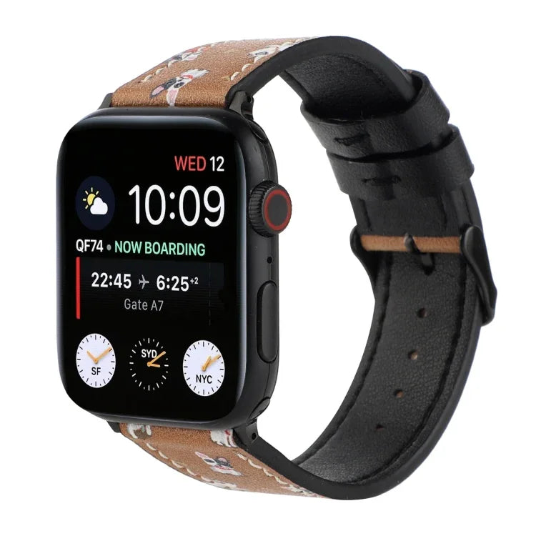 Apple Watch Series 7 45mm / 6 & SE & 5 & 4 44mm / 3 & 2 & 1 42mm、Apple Watch Series 8&7 41mm / SE 2&6&SE&5&4 40mm / 3&2&1 38mm、Apple Watch PSeries 7 41mm / 6 & SE & 5 & 4 40mm / 3 & 2 & 1 38mm用 プリントレザーストラップ