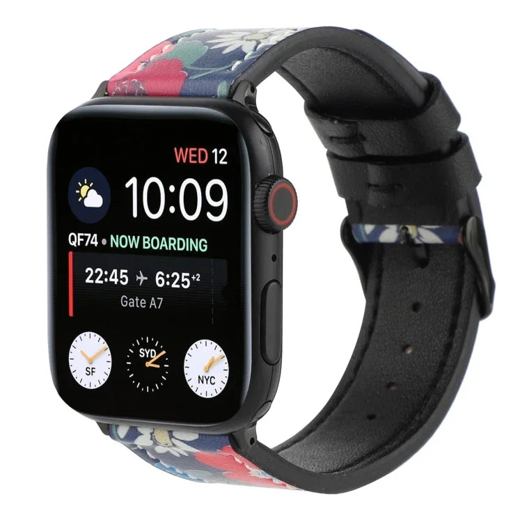 Apple Watch Series 7 45mm / 6 & SE & 5 & 4 44mm / 3 & 2 & 1 42mm、Apple Watch Series 8&7 41mm / SE 2&6&SE&5&4 40mm / 3&2&1 38mm、Apple Watch PSeries 7 41mm / 6 & SE & 5 & 4 40mm / 3 & 2 & 1 38mm用 プリントレザーストラップ
