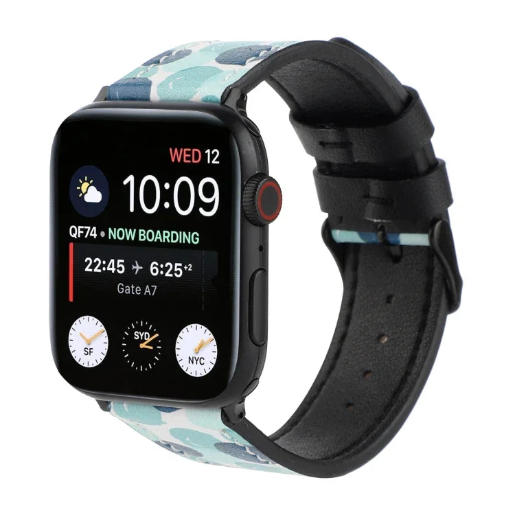Apple Watch Series 7 45mm / 6 & SE & 5 & 4 44mm / 3 & 2 & 1 42mm、Apple Watch Series 8&7 41mm / SE 2&6&SE&5&4 40mm / 3&2&1 38mm、Apple Watch PSeries 7 41mm / 6 & SE & 5 & 4 40mm / 3 & 2 & 1 38mm用 プリントレザーストラップ