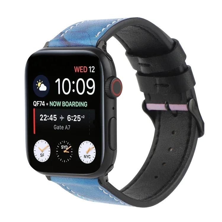 Apple Watch Series 7 45mm / 6 & SE & 5 & 4 44mm / 3 & 2 & 1 42mm、Apple Watch Series 8&7 41mm / SE 2&6&SE&5&4 40mm / 3&2&1 38mm、Apple Watch PSeries 7 41mm / 6 & SE & 5 & 4 40mm / 3 & 2 & 1 38mm用 プリントレザーストラップ
