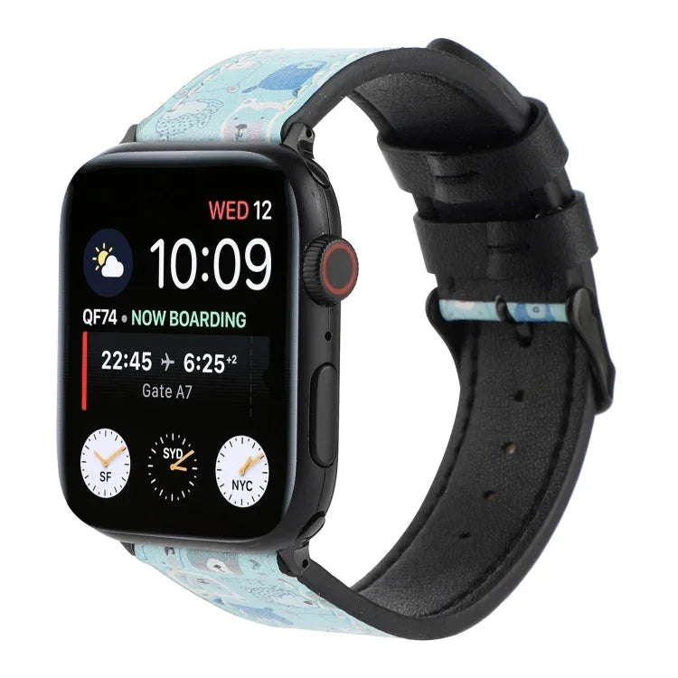 Apple Watch Series 7 45mm / 6 & SE & 5 & 4 44mm / 3 & 2 & 1 42mm、Apple Watch Series 8&7 41mm / SE 2&6&SE&5&4 40mm / 3&2&1 38mm、Apple Watch PSeries 7 41mm / 6 & SE & 5 & 4 40mm / 3 & 2 & 1 38mm用 プリントレザーストラップ