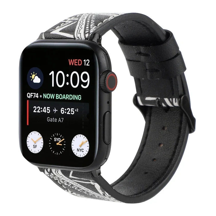 Apple Watch Series 7 45mm / 6 & SE & 5 & 4 44mm / 3 & 2 & 1 42mm、Apple Watch Series 8&7 41mm / SE 2&6&SE&5&4 40mm / 3&2&1 38mm、Apple Watch PSeries 7 41mm / 6 & SE & 5 & 4 40mm / 3 & 2 & 1 38mm用 プリントレザーストラップ