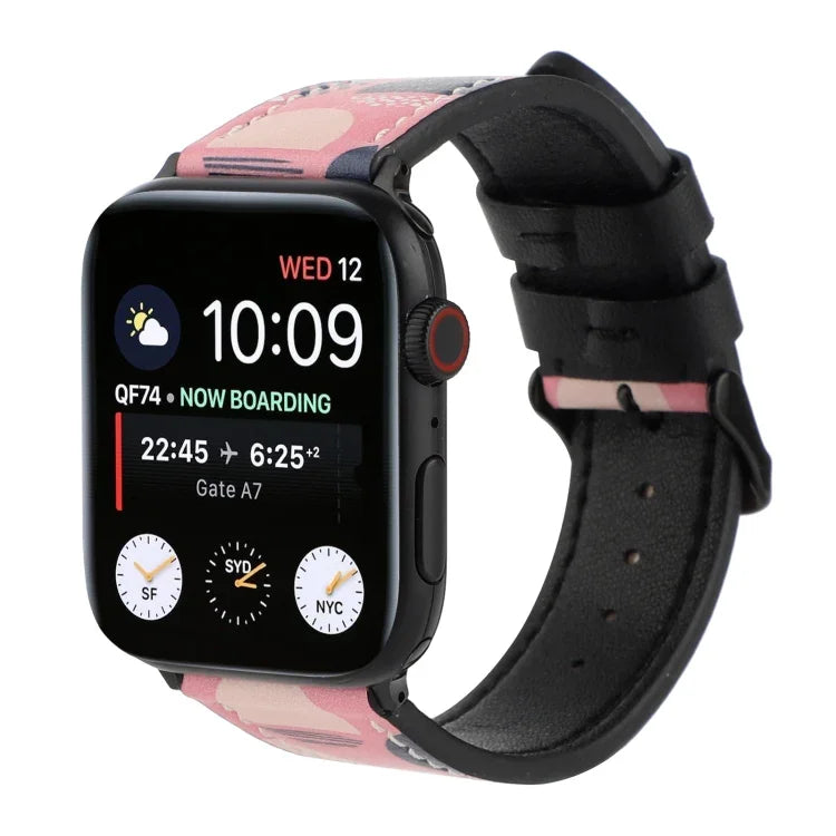 Apple Watch Series 7 45mm / 6 & SE & 5 & 4 44mm / 3 & 2 & 1 42mm、Apple Watch Series 8&7 41mm / SE 2&6&SE&5&4 40mm / 3&2&1 38mm、Apple Watch PSeries 7 41mm / 6 & SE & 5 & 4 40mm / 3 & 2 & 1 38mm用 プリントレザーストラップ