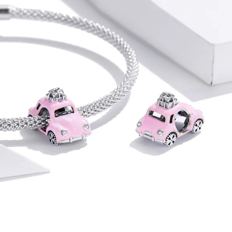 S925スターリングシルバー ピンクカー ビーズ DIYブレスレット ネックレスアクセサリー、ピンクカー