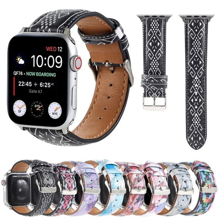 マーブル エスニックスタイル プリントレザーウォッチバンド Apple Watch Series 6 & SE & 5 & 4 44mm / 3 & 2 & 1 42mm用、5 & 4 40mm / 3 & 2 & 1 38mm用