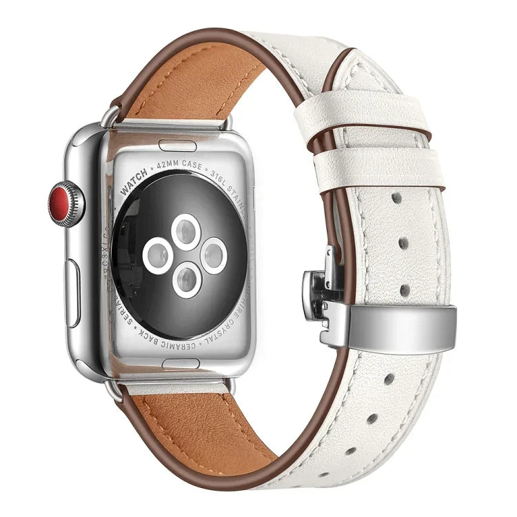 本革＋バタフライシルバーバックル交換用ウォッチバンド Apple Watch Series 6 & SE & 5 & 4 44mm / 3 & 2 & 1 42mm用、シルバーバックル Apple Watch Series 7 45mm / 6 & SE & 5 & 4 44mm / 3 & 2 & 1 42mm用