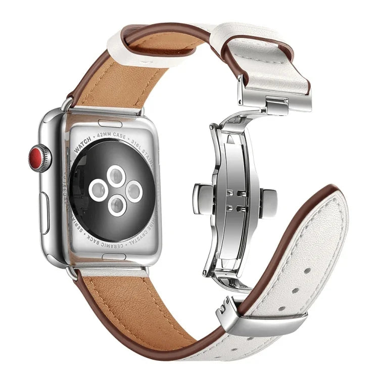 本革＋バタフライシルバーバックル交換用ウォッチバンド Apple Watch Series 6 & SE & 5 & 4 44mm / 3 & 2 & 1 42mm用、シルバーバックル Apple Watch Series 7 45mm / 6 & SE & 5 & 4 44mm / 3 & 2 & 1 42mm用