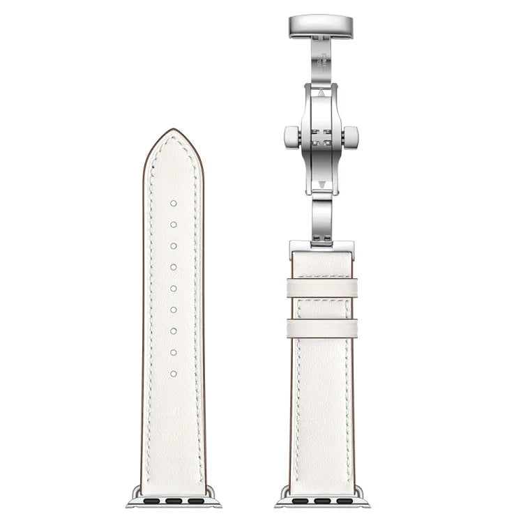 本革＋バタフライシルバーバックル交換用ウォッチバンド Apple Watch Series 6 & SE & 5 & 4 44mm / 3 & 2 & 1 42mm用、シルバーバックル Apple Watch Series 7 45mm / 6 & SE & 5 & 4 44mm / 3 & 2 & 1 42mm用