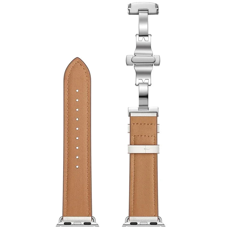 本革＋バタフライシルバーバックル交換用ウォッチバンド Apple Watch Series 6 & SE & 5 & 4 44mm / 3 & 2 & 1 42mm用、シルバーバックル Apple Watch Series 7 45mm / 6 & SE & 5 & 4 44mm / 3 & 2 & 1 42mm用