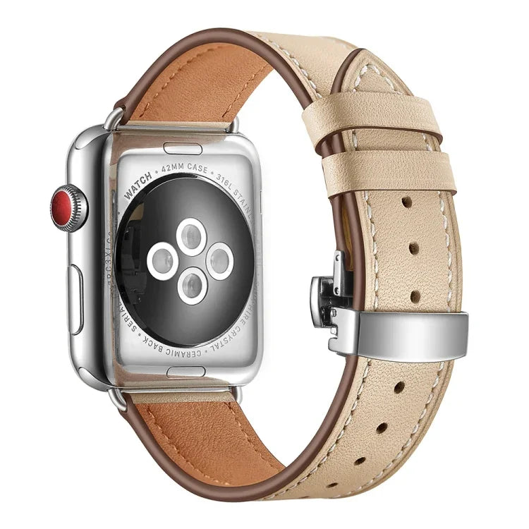 本革＋バタフライシルバーバックル交換用ウォッチバンド Apple Watch Series 6 & SE & 5 & 4 44mm / 3 & 2 & 1 42mm用、シルバーバックル Apple Watch Series 7 45mm / 6 & SE & 5 & 4 44mm / 3 & 2 & 1 42mm用