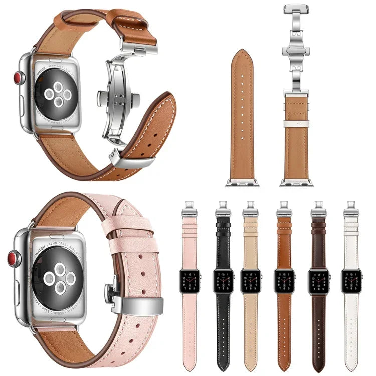 本革＋バタフライシルバーバックル交換用ウォッチバンド Apple Watch Series 6 & SE & 5 & 4 44mm / 3 & 2 & 1 42mm用、シルバーバックル Apple Watch Series 7 45mm / 6 & SE & 5 & 4 44mm / 3 & 2 & 1 42mm用