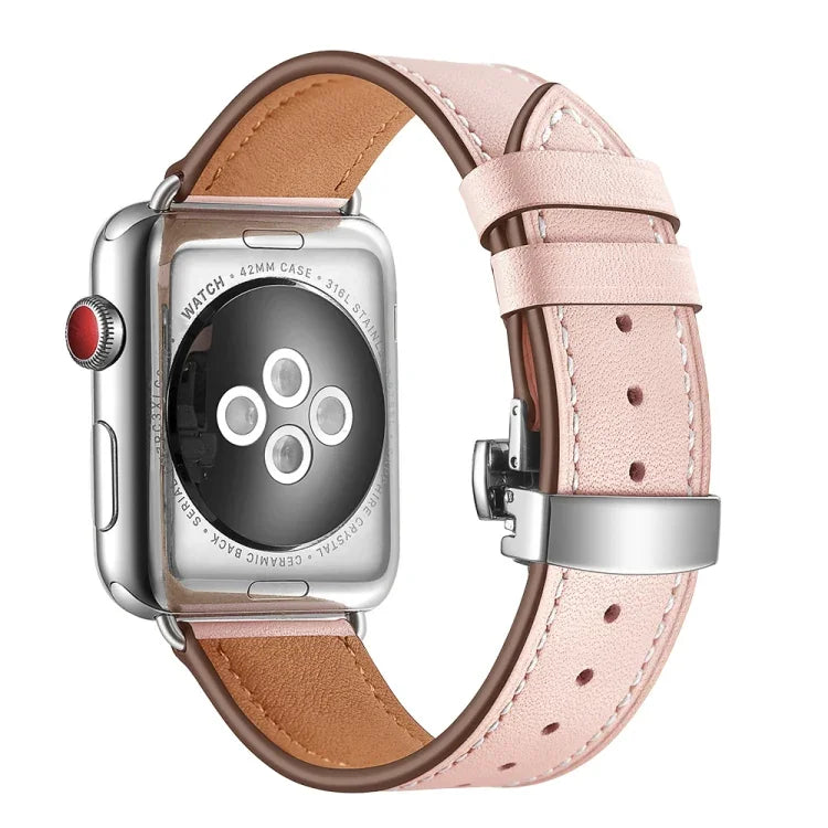本革＋バタフライシルバーバックル交換用ウォッチバンド Apple Watch Series 6 & SE & 5 & 4 40mm / 3 & 2 & 1 38mm用、Apple Watch Series 7 41mm / 6 & SE & 5 & 4 40mm / 3 & 2 & 1 38mm用シルバーバックル