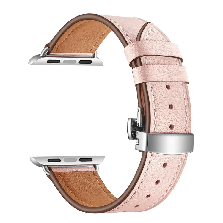 本革＋バタフライシルバーバックル交換用ウォッチバンド Apple Watch Series 6 & SE & 5 & 4 40mm / 3 & 2 & 1 38mm用、Apple Watch Series 7 41mm / 6 & SE & 5 & 4 40mm / 3 & 2 & 1 38mm用シルバーバックル