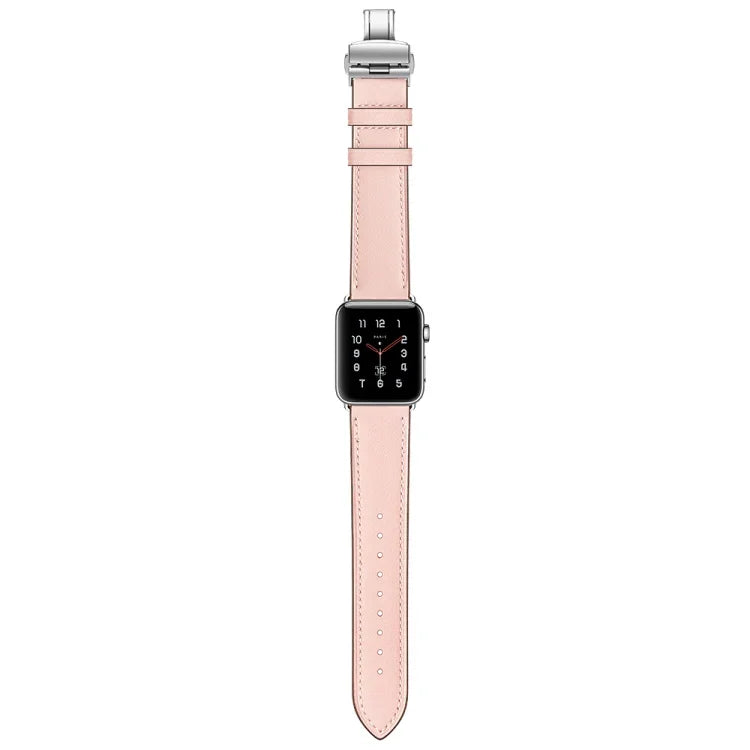 本革＋バタフライシルバーバックル交換用ウォッチバンド Apple Watch Series 6 & SE & 5 & 4 40mm / 3 & 2 & 1 38mm用、Apple Watch Series 7 41mm / 6 & SE & 5 & 4 40mm / 3 & 2 & 1 38mm用シルバーバックル
