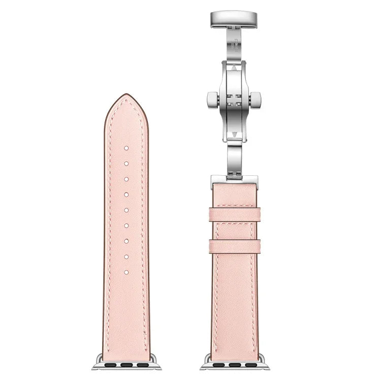 本革＋バタフライシルバーバックル交換用ウォッチバンド Apple Watch Series 6 & SE & 5 & 4 40mm / 3 & 2 & 1 38mm用、Apple Watch Series 7 41mm / 6 & SE & 5 & 4 40mm / 3 & 2 & 1 38mm用シルバーバックル
