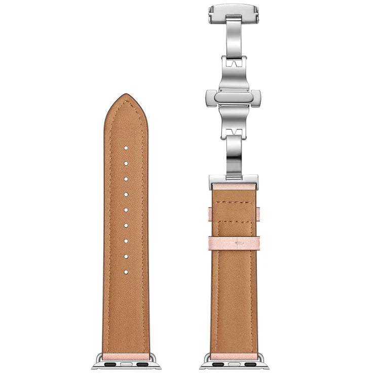 本革＋バタフライシルバーバックル交換用ウォッチバンド Apple Watch Series 6 & SE & 5 & 4 40mm / 3 & 2 & 1 38mm用、Apple Watch Series 7 41mm / 6 & SE & 5 & 4 40mm / 3 & 2 & 1 38mm用シルバーバックル
