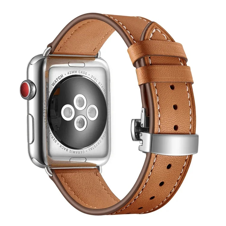 本革＋バタフライシルバーバックル交換用ウォッチバンド Apple Watch Series 6 & SE & 5 & 4 40mm / 3 & 2 & 1 38mm用、Apple Watch Series 7 41mm / 6 & SE & 5 & 4 40mm / 3 & 2 & 1 38mm用シルバーバックル