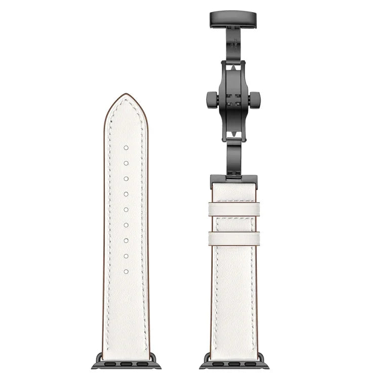 本革＋バタフライブラックバックル交換用ウォッチバンド Apple Watch Series 6 & SE & 5 & 4 44mm / 3 & 2 & 1 42mm用、Apple Watch Series 7 45mm / 6 & SE & 5 & 4 44mm / 3 & 2 & 1 42mm用ブラックバックル