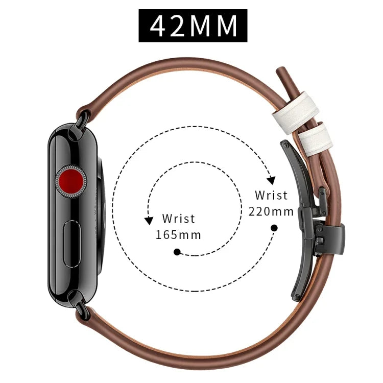 本革＋バタフライブラックバックル交換用ウォッチバンド Apple Watch Series 6 & SE & 5 & 4 44mm / 3 & 2 & 1 42mm用、Apple Watch Series 7 45mm / 6 & SE & 5 & 4 44mm / 3 & 2 & 1 42mm用ブラックバックル