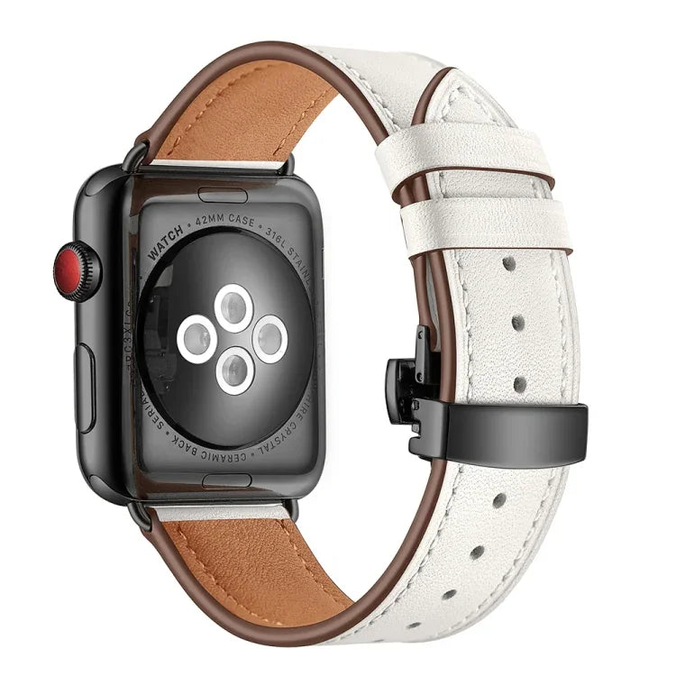 本革＋バタフライブラックバックル交換用ウォッチバンド Apple Watch Series 6 & SE & 5 & 4 40mm / 3 & 2 & 1 38mm用、Apple Watch Series 8&7 41mm / SE 2&6&SE&5&4 40mm / 3&2&1 38mm用ブラックバックル