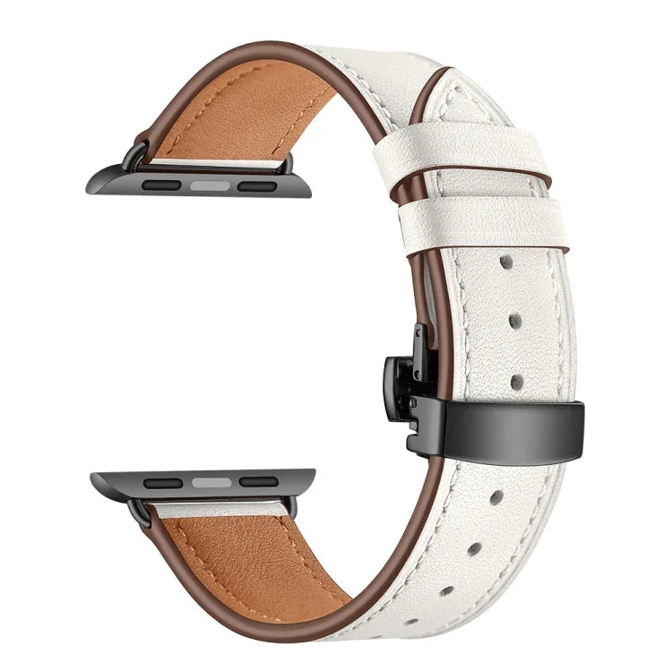 本革＋バタフライブラックバックル交換用ウォッチバンド Apple Watch Series 6 & SE & 5 & 4 40mm / 3 & 2 & 1 38mm用、Apple Watch Series 8&7 41mm / SE 2&6&SE&5&4 40mm / 3&2&1 38mm用ブラックバックル