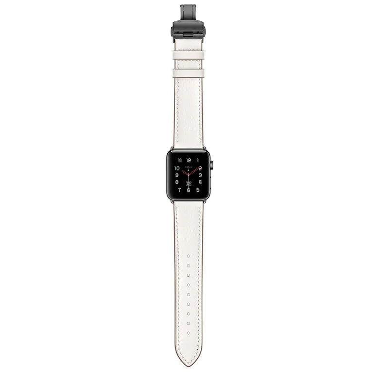 本革＋バタフライブラックバックル交換用ウォッチバンド Apple Watch Series 6 & SE & 5 & 4 40mm / 3 & 2 & 1 38mm用、Apple Watch Series 8&7 41mm / SE 2&6&SE&5&4 40mm / 3&2&1 38mm用ブラックバックル