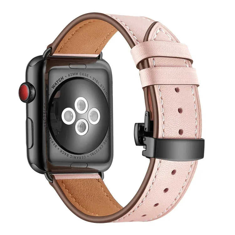 本革＋バタフライブラックバックル交換用ウォッチバンド Apple Watch Series 6 & SE & 5 & 4 40mm / 3 & 2 & 1 38mm用、Apple Watch Series 8&7 41mm / SE 2&6&SE&5&4 40mm / 3&2&1 38mm用ブラックバックル