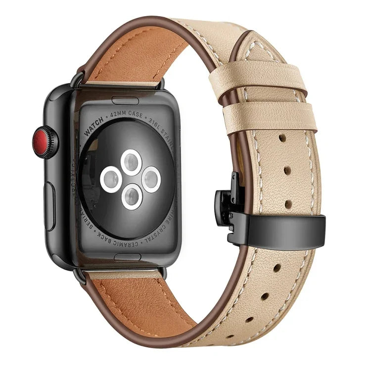 本革＋バタフライブラックバックル交換用ウォッチバンド Apple Watch Series 6 & SE & 5 & 4 40mm / 3 & 2 & 1 38mm用、Apple Watch Series 8&7 41mm / SE 2&6&SE&5&4 40mm / 3&2&1 38mm用ブラックバックル